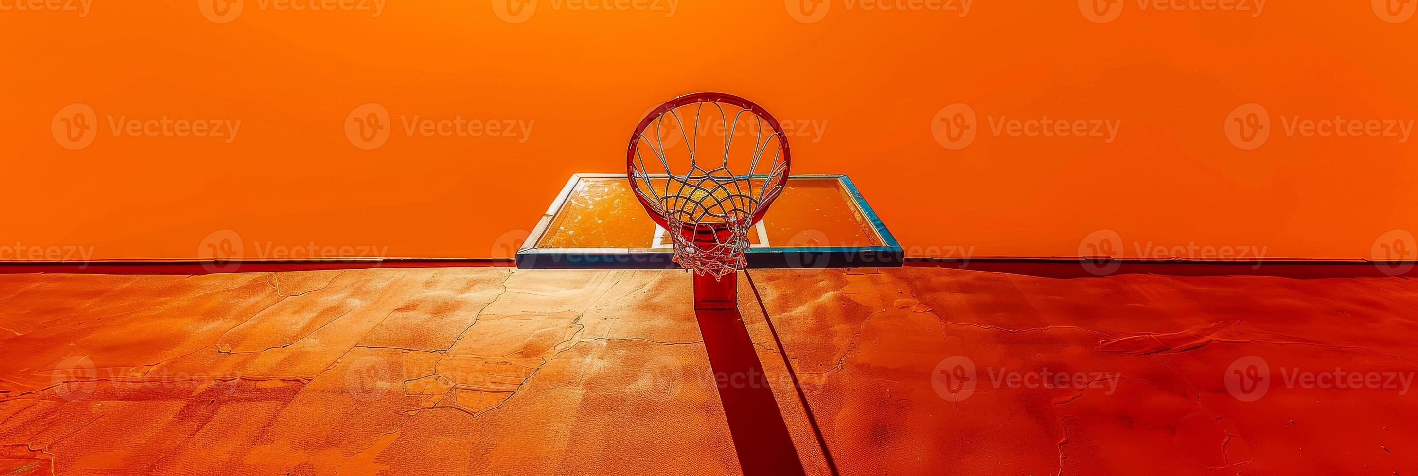 ai genererad de skugga av en basketboll ring är kasta på en vibrerande orange vägg. de silhuett av de ring och netto skapar en slående bild mot de ljus bakgrund foto