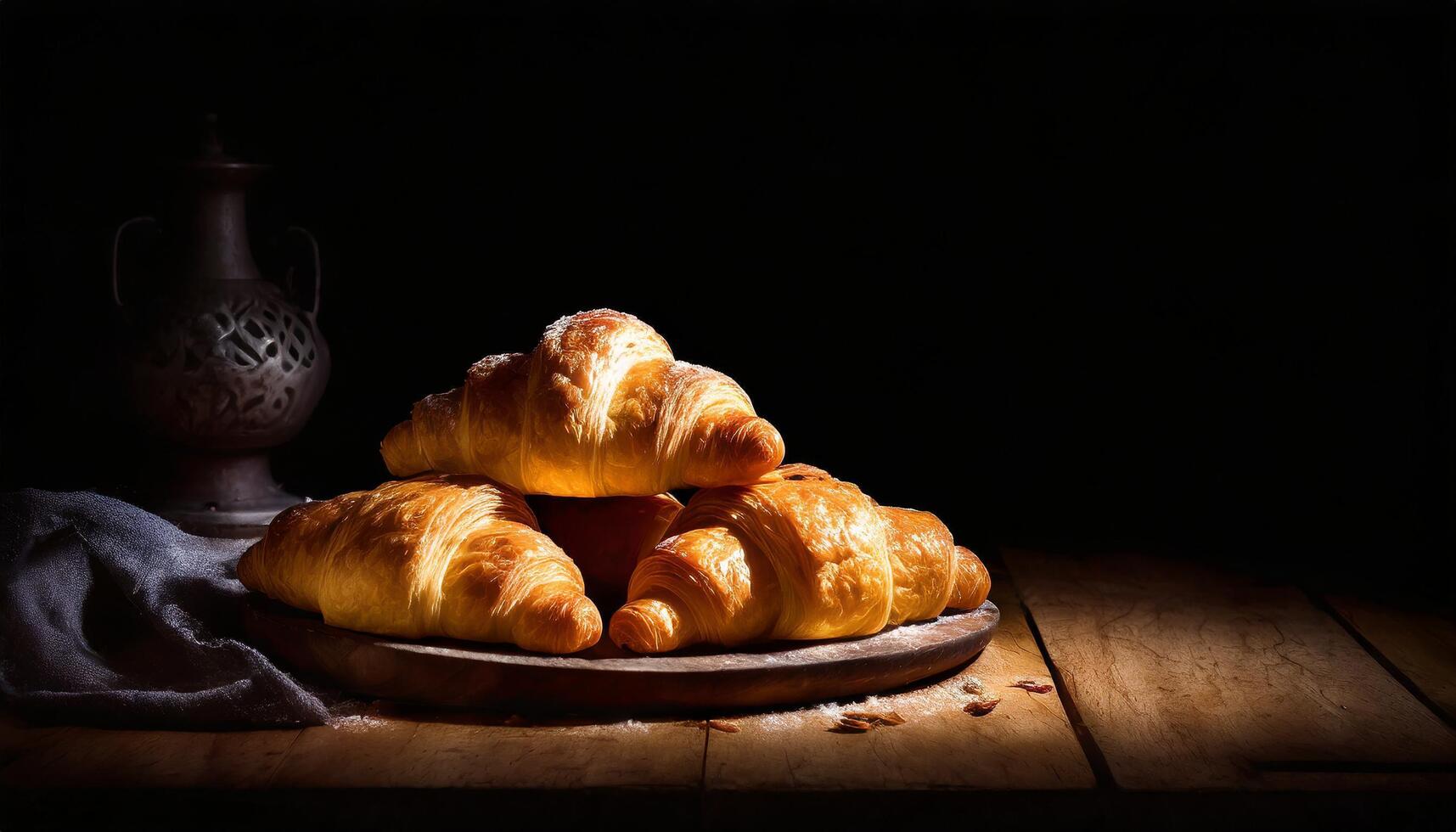 ai genererad croissant bröd på de trä- tabell i de mörk svart bakgrund med Plats för kopia foto