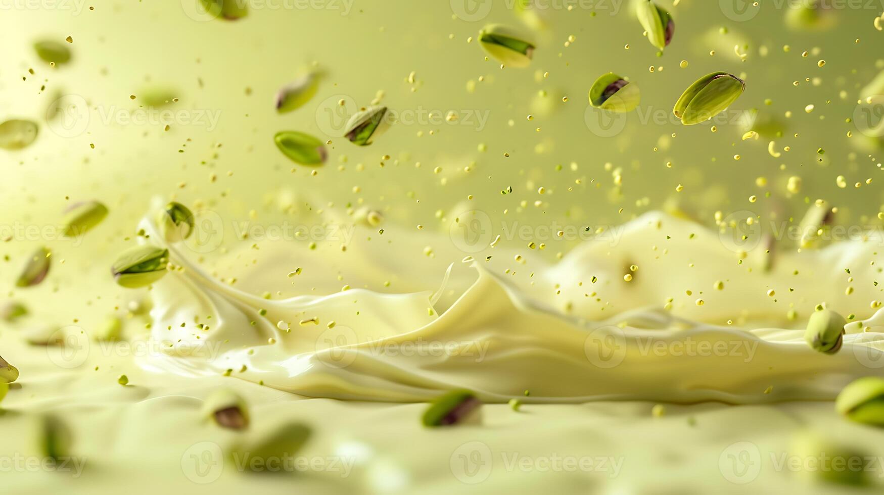 ai genererad pistaschmandlar faller in i vit mjölk på en ljus grön bakgrund foto