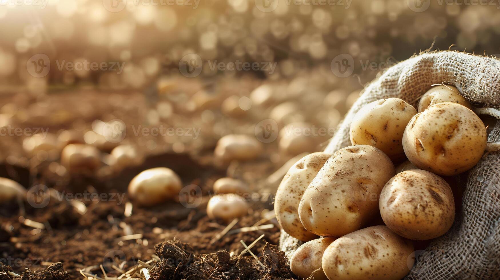 ai genererad nyligen UPPTAGITS potatisar stående i säck foto