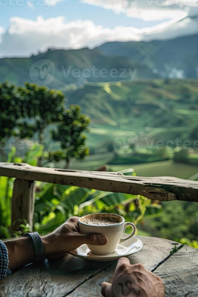 ai genererad njut av en kopp av kaffe medan utsikt en kaffe plantage foto