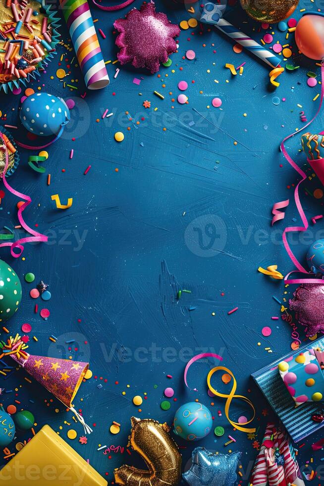 ai genererad färgrik födelsedag bakgrund med Flerfärgad fest objekt foto