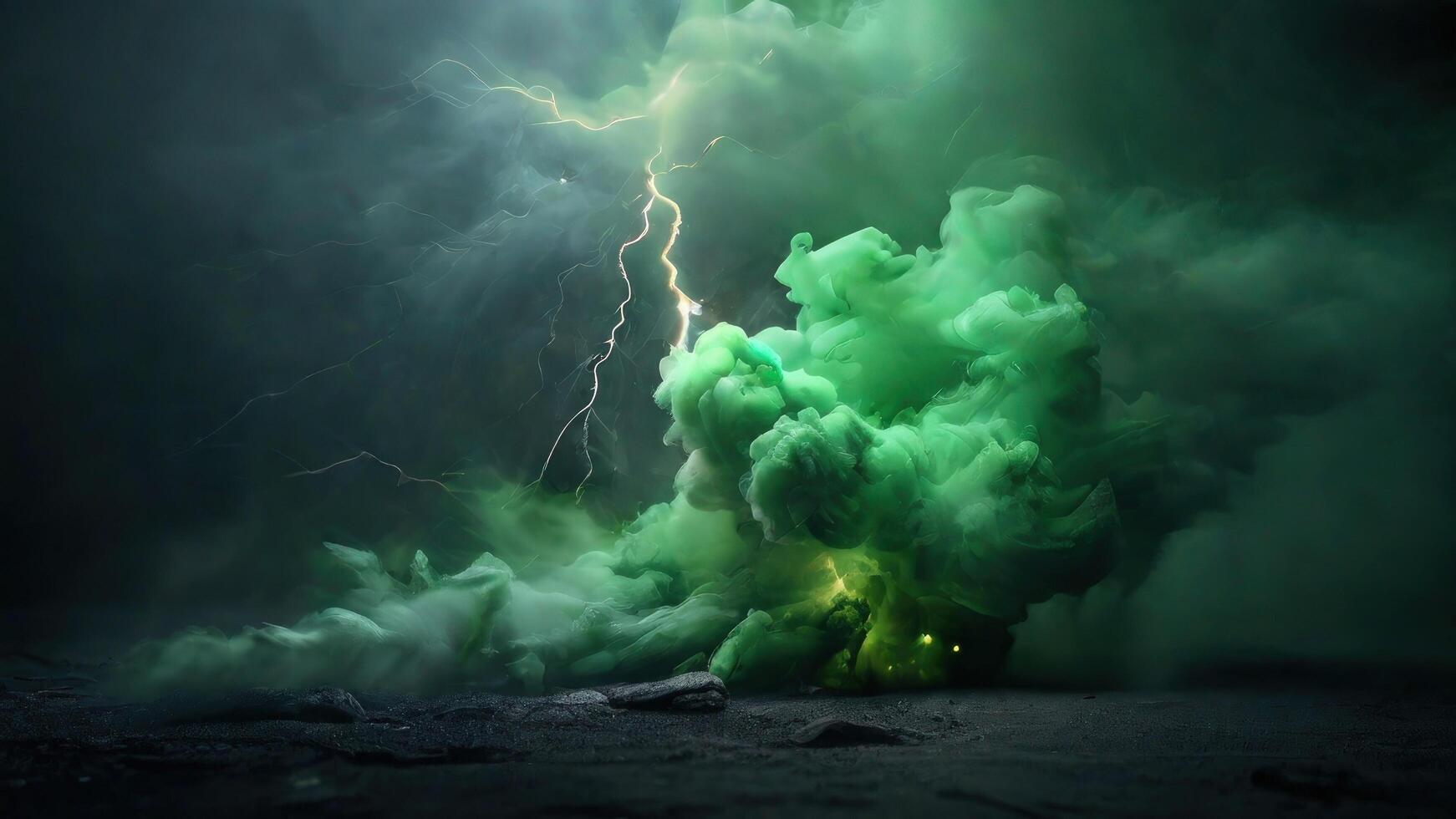 ai genererad grön färgad rök med blixt- på en svart bakgrund foto