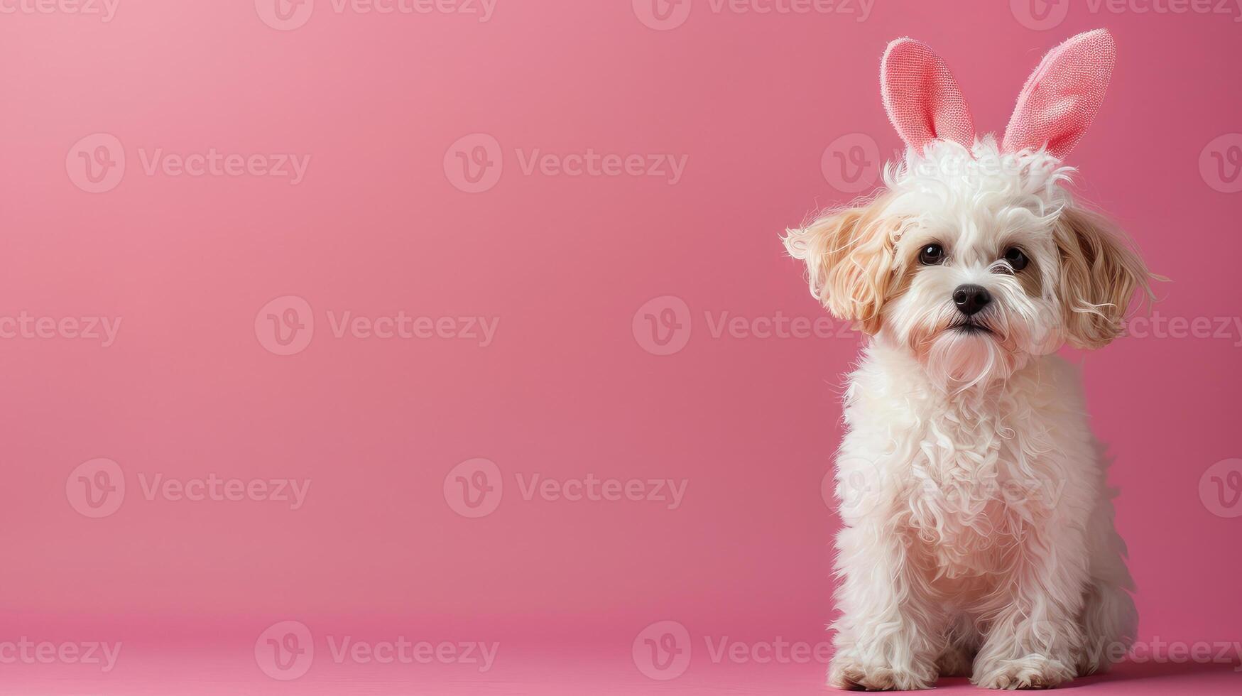 ai genererad söt maltipoo bär påsk kanin öra på en rosa bakgrund med kopia Plats foto