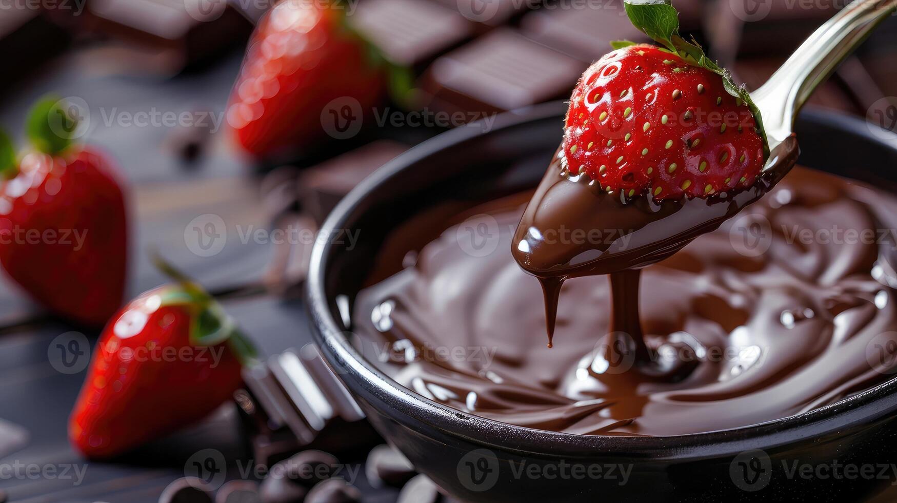 ai genererad fondue gaffel med jordgubb i skål av smält choklad. foto