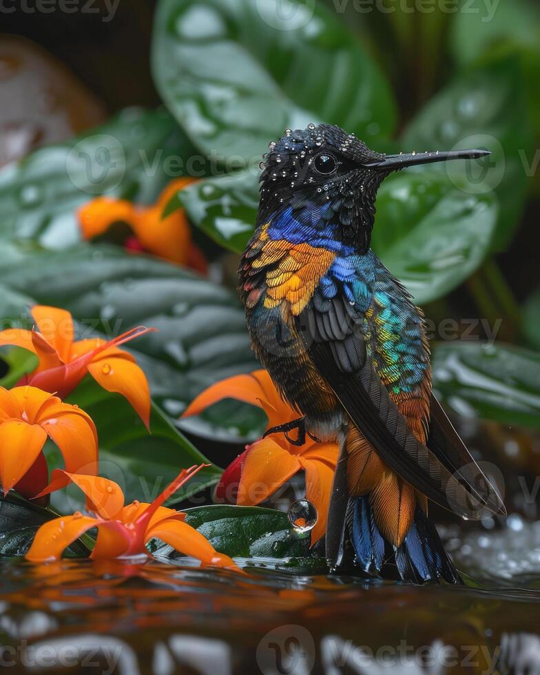 ai genererad en mycket skön kolibri nära de flod foto