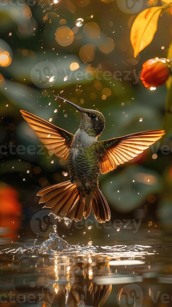 ai genererad en mycket skön kolibri nära de flod foto