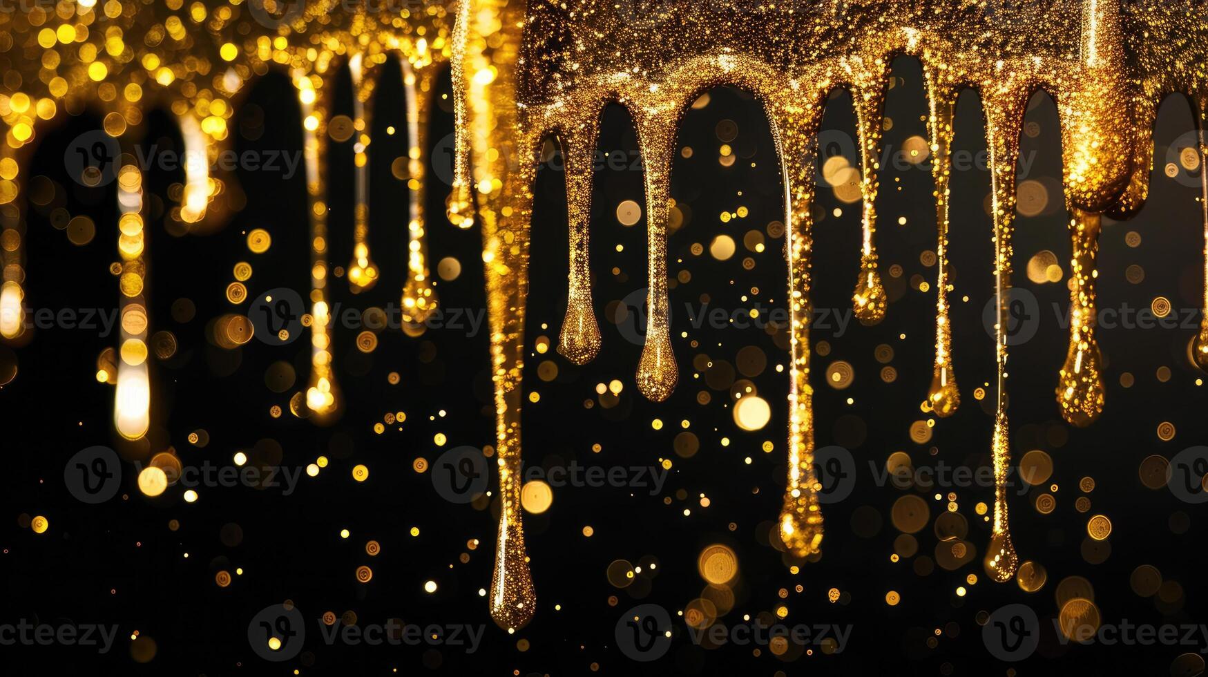 ai genererad guld glitter måla droppande på svart bakgrund foto