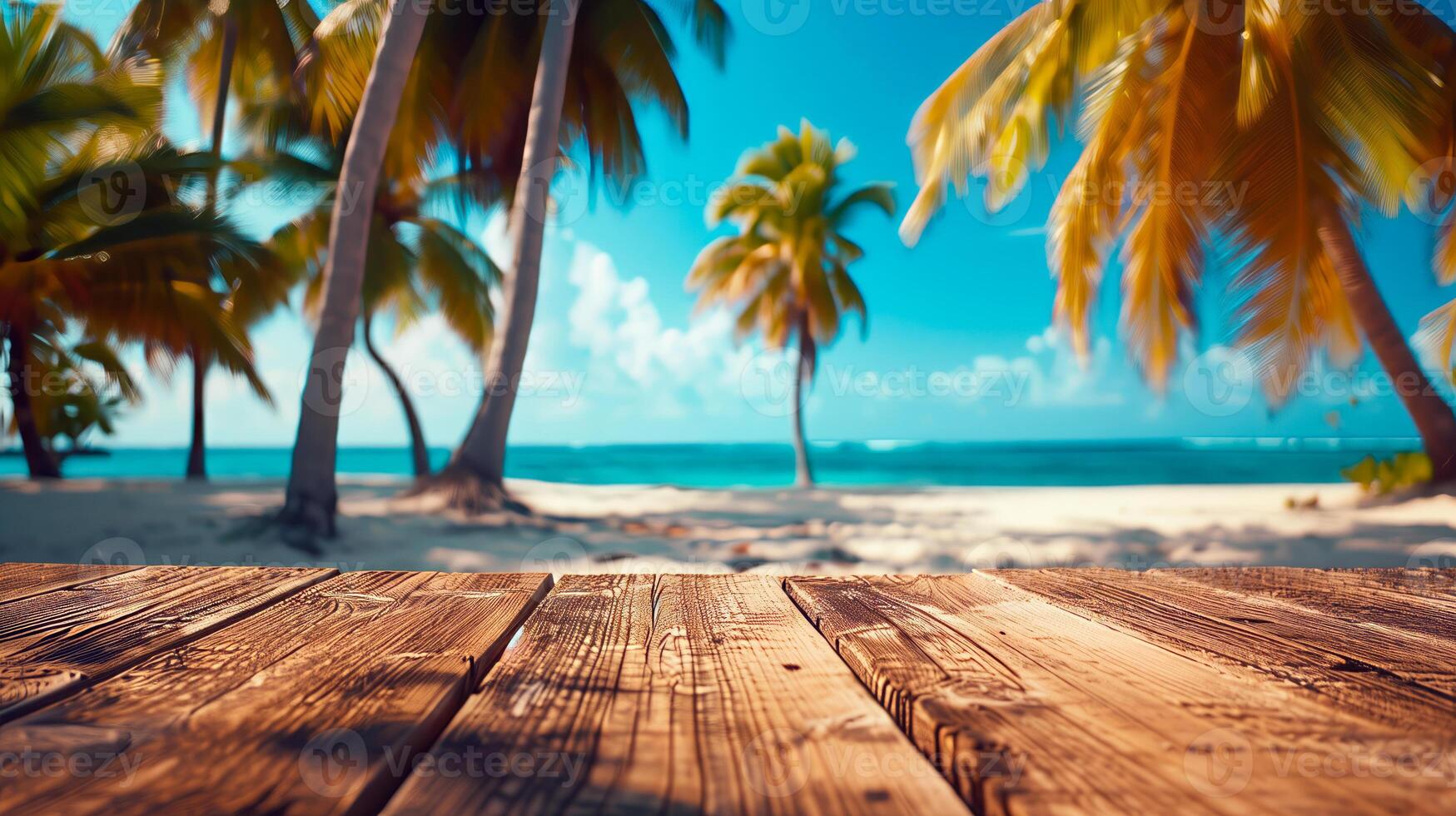 ai genererad trä läsplatta topp på blå skinande strand sommar med handflatan träd och tömma Plats för text eller produkt presentation. varm sommar försäljning begrepp. foto