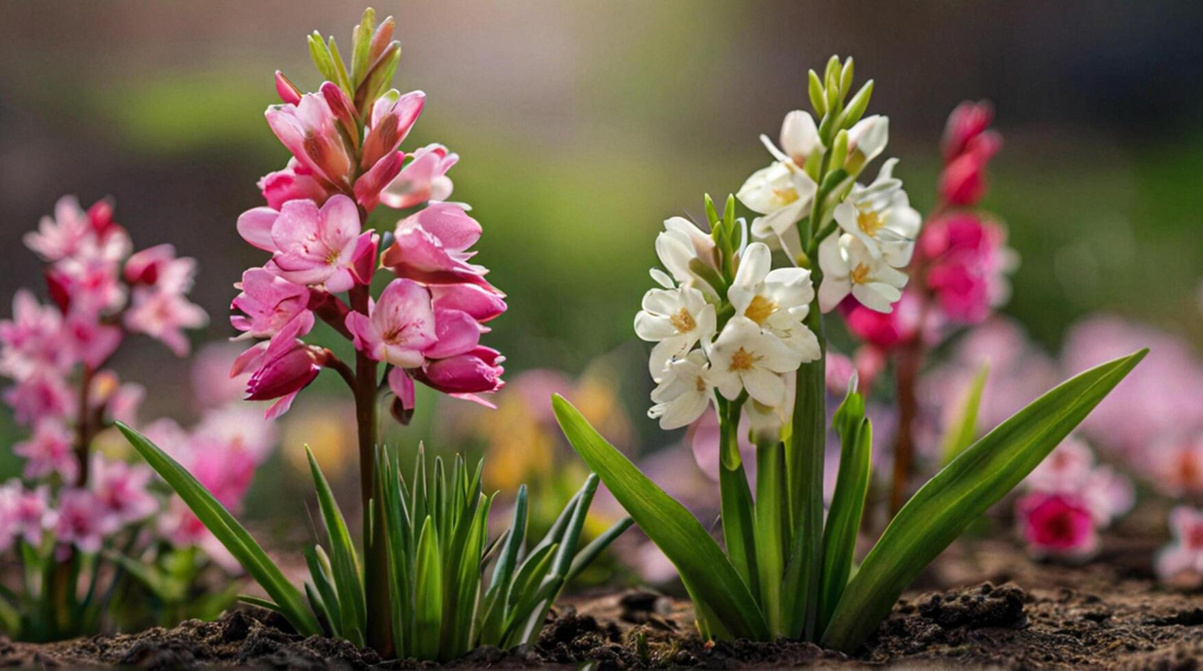 ai genererad vår blommor på grön gräsmatta, översvämmad med ljus solljus, suddig bakgrund. foto