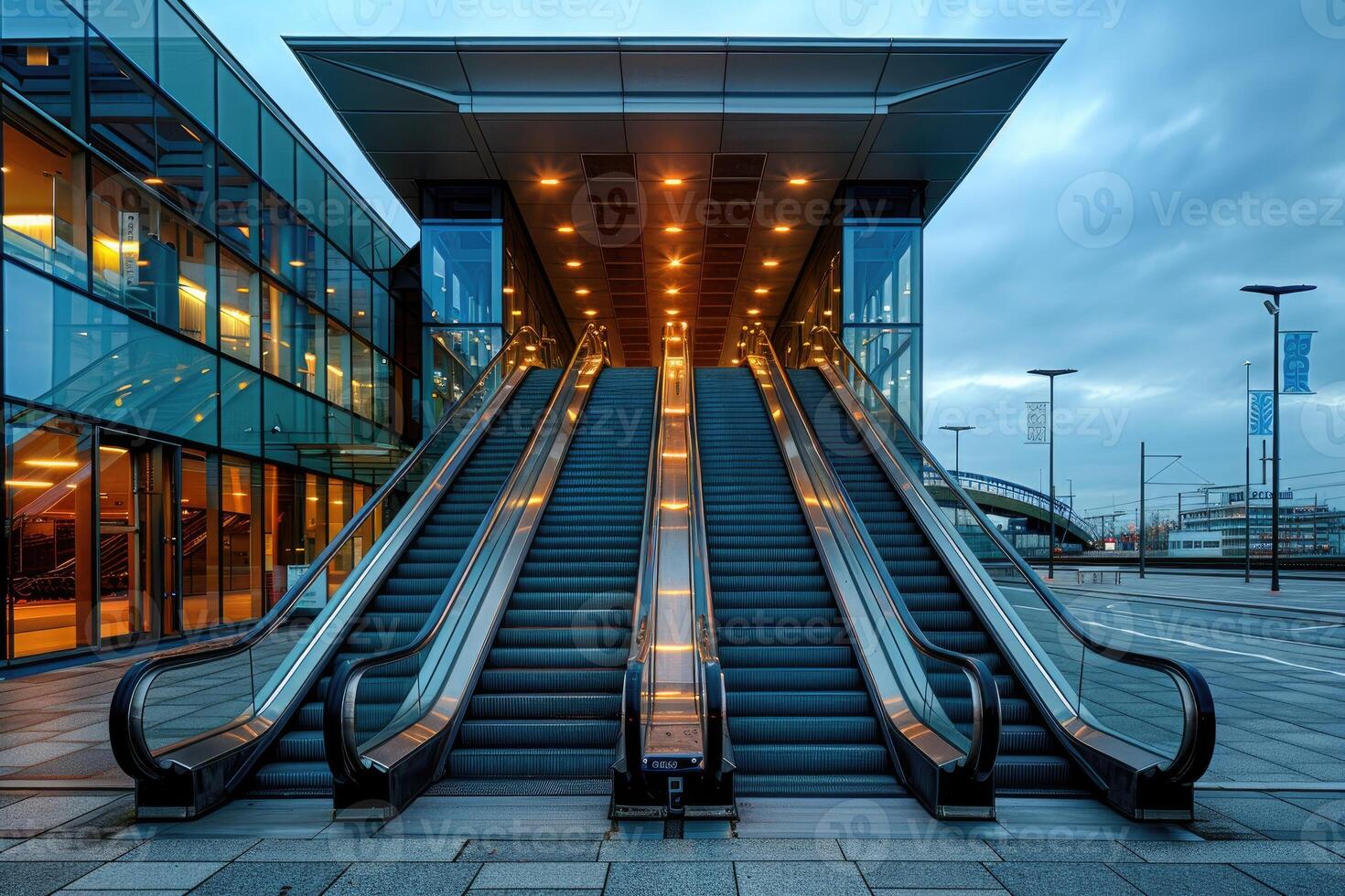 ai genererad hiss rulltrappa är rör på sig trappa Begagnade som transport mellan golv eller nivåer byggnad professionell fotografi foto