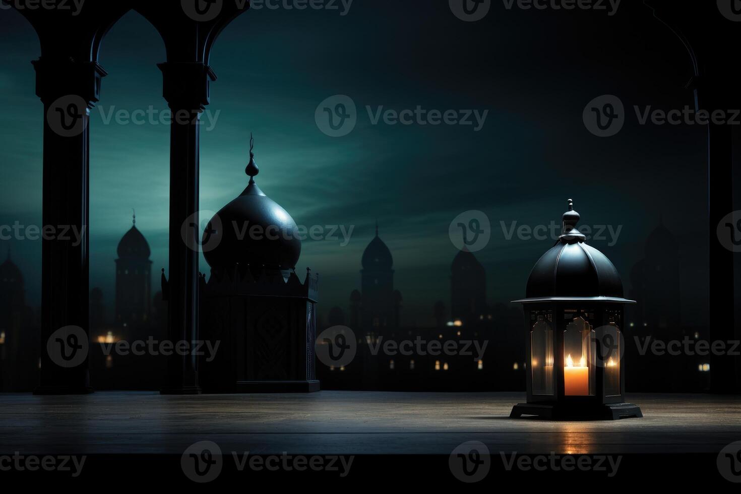 ai genererad islamic hälsning kort för ramadan kareem eller IED mubarak bakgrund foto