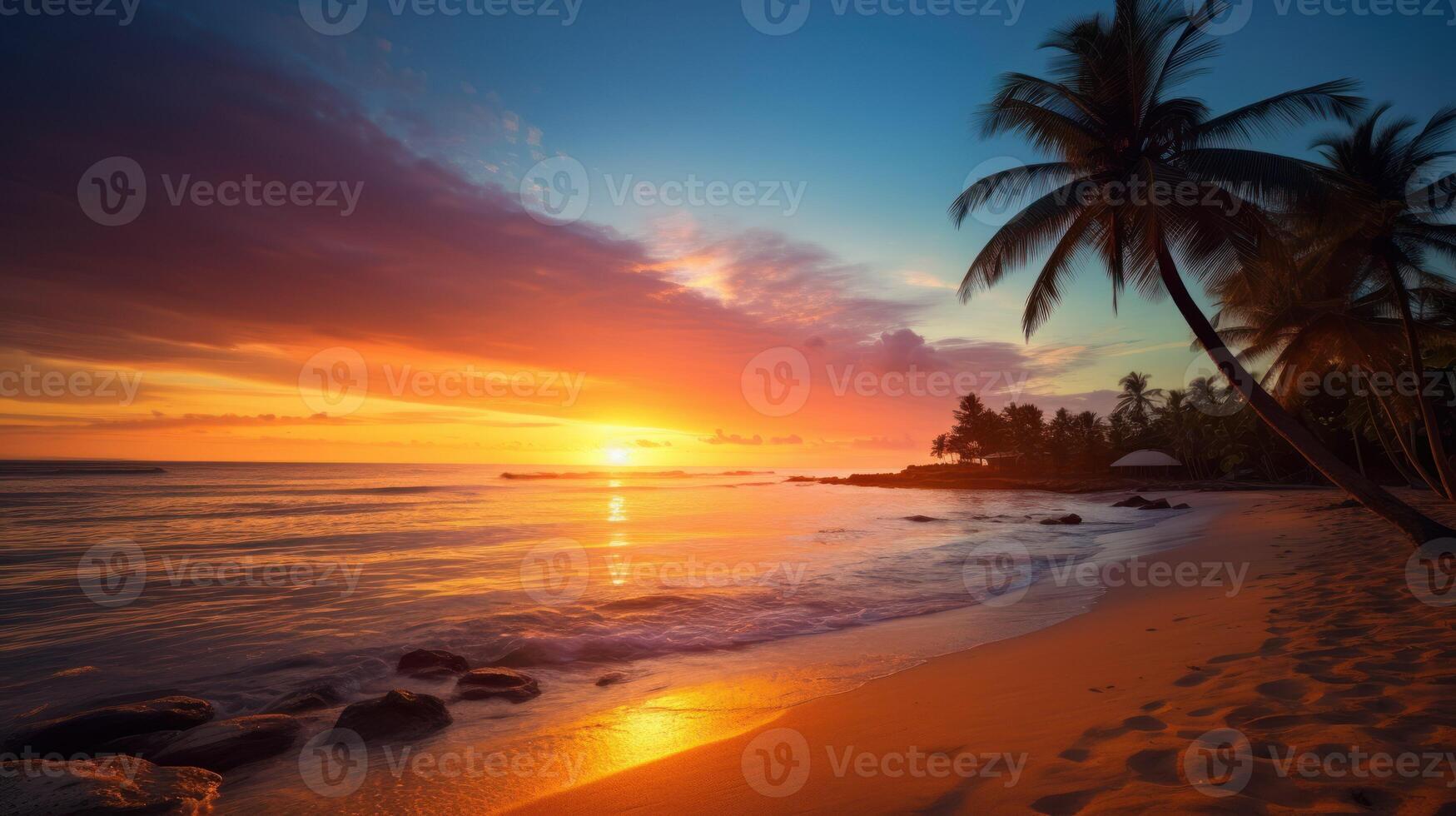 ai genererad himmel solnedgång på strand landskap, huruvida dess de värma nyanser av en soluppgång eller solnedgång, skimrande reflexion av de Sol på de moln, de himmel och moln ha de kraft till inspirera foto