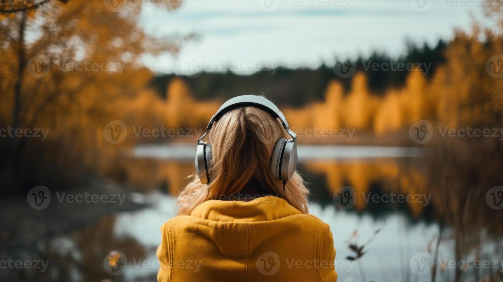 ai genererad musik terapi, harmoni, mental hälsa begrepp. Söt ung kvinna njuter musik med hörlurar utomhus. kvinna bär hörlurar njuter musik och Bra vibrafon foto