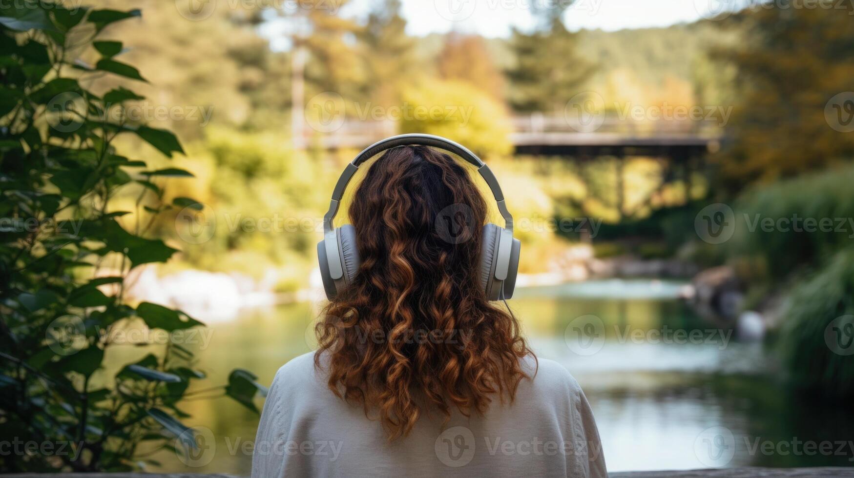 ai genererad musik terapi, harmoni, mental hälsa begrepp. Söt ung kvinna njuter musik med hörlurar utomhus. kvinna bär hörlurar njuter musik och Bra vibrafon foto