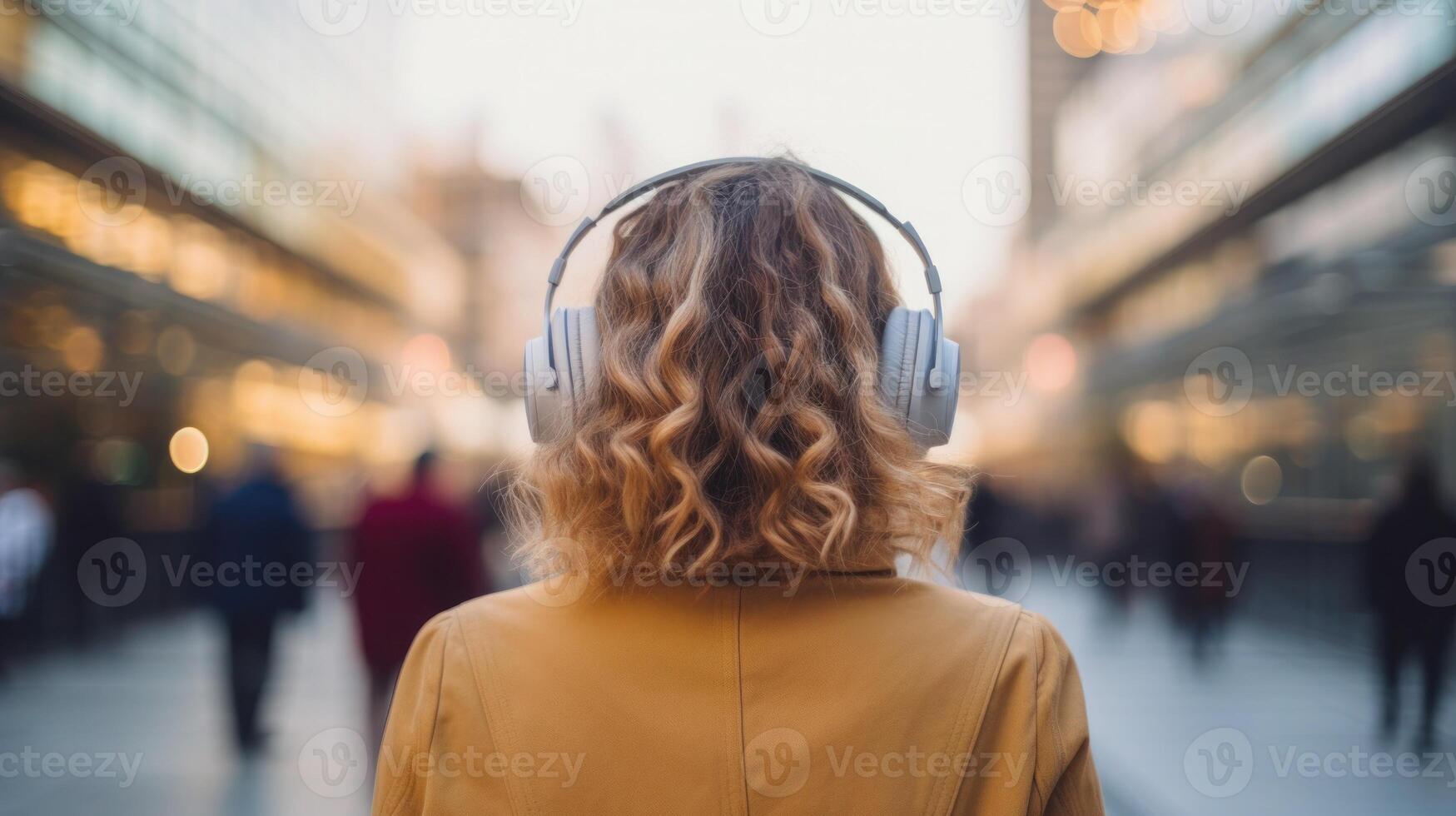 ai genererad musik terapi, harmoni, mental hälsa begrepp. Söt ung kvinna njuter musik med hörlurar utomhus. kvinna bär hörlurar njuter musik och Bra vibrafon foto