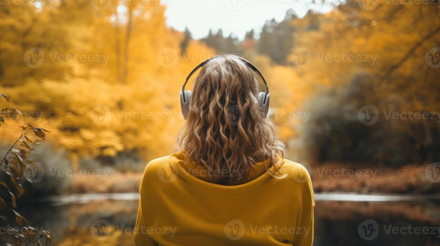 ai genererad musik terapi, harmoni, mental hälsa begrepp. Söt ung kvinna njuter musik med hörlurar utomhus. kvinna bär hörlurar njuter musik och Bra vibrafon foto