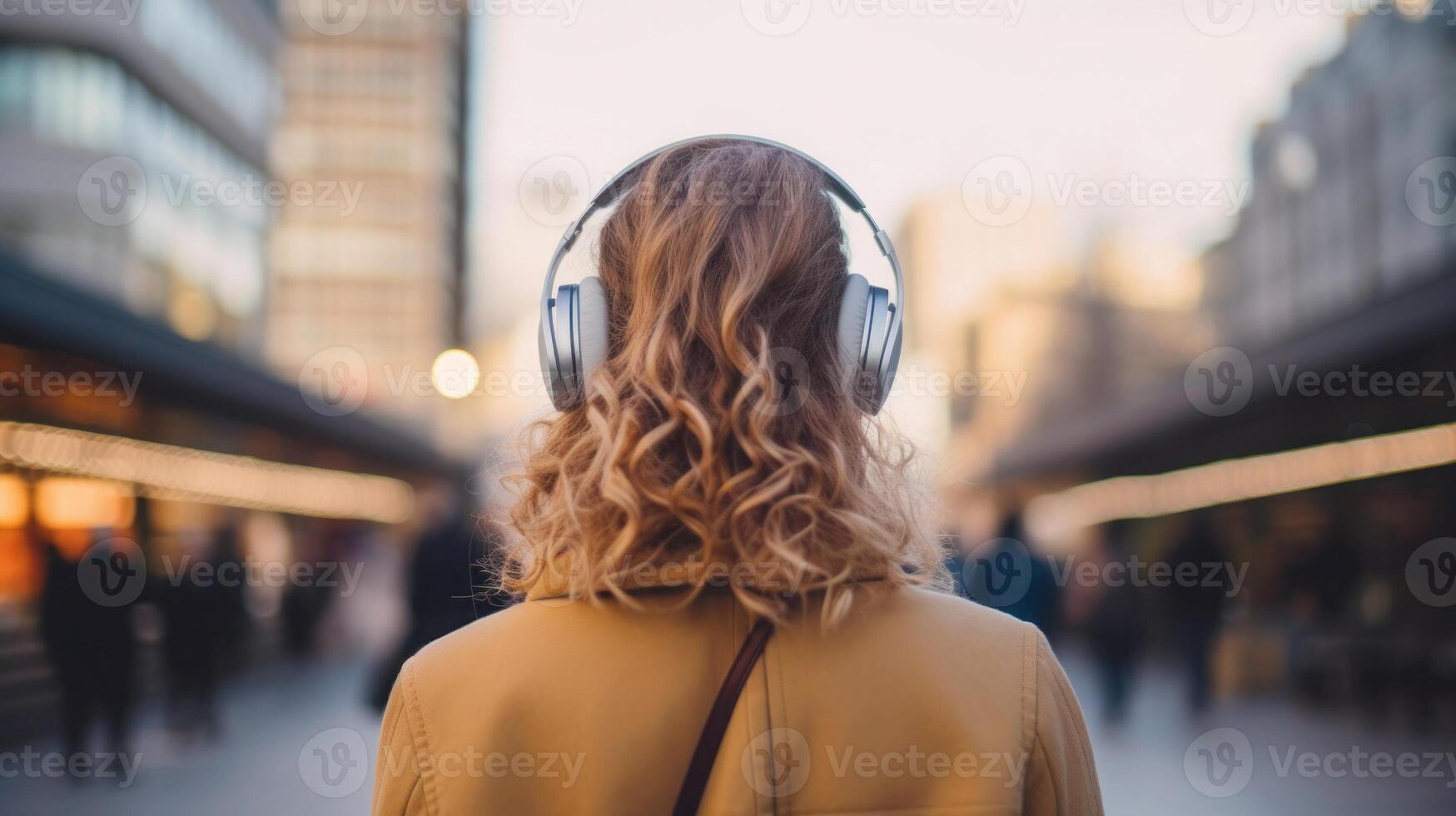 ai genererad musik terapi, harmoni, mental hälsa begrepp. Söt ung kvinna njuter musik med hörlurar utomhus. kvinna bär hörlurar njuter musik och Bra vibrafon foto