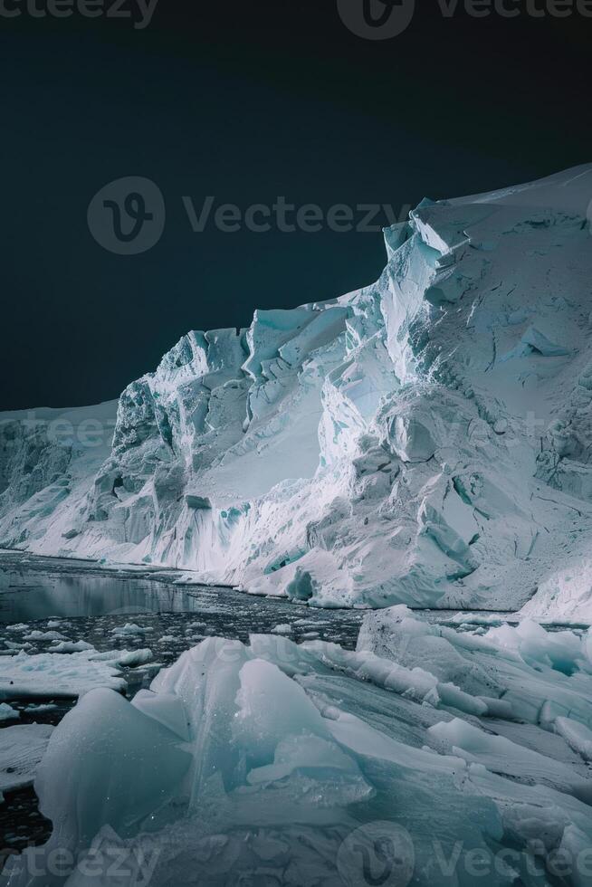 ai genererad antarctica glaciär landskap på natt foto