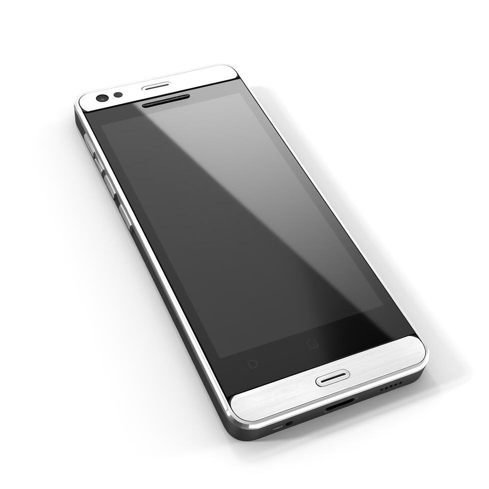 ai genererad modern smartphone med en svart skärm på en vit bakgrund, elegant design med reflekterande metall kanter foto