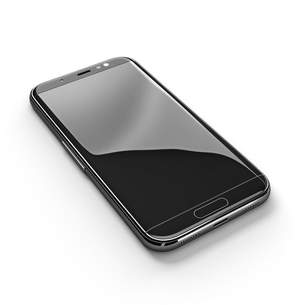 ai genererad modern smartphone med en svart skärm på en vit bakgrund, elegant design med reflekterande metall kanter foto