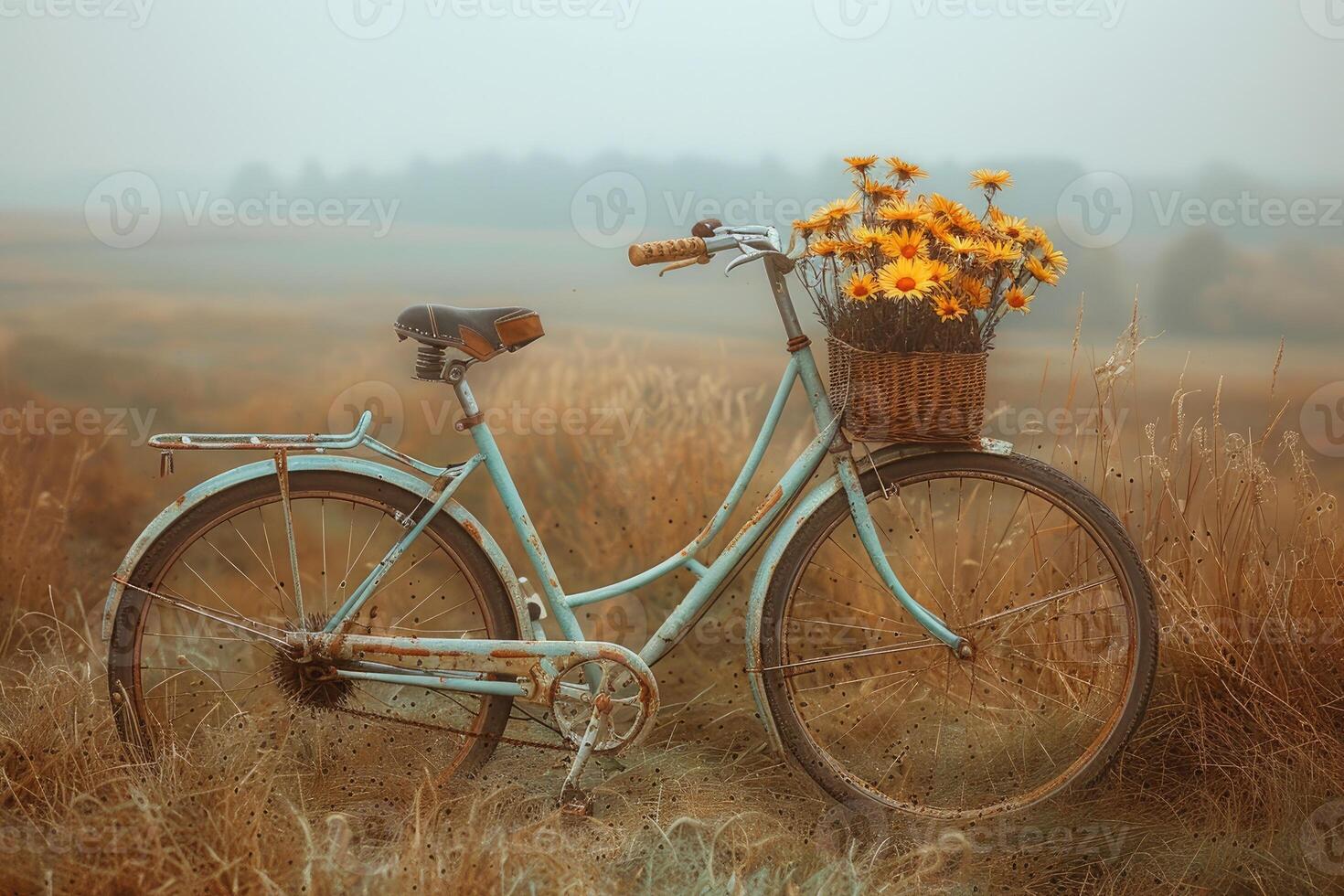 ai genererad cykel rida genom de landsbygden med en blommor i de cykel korg professionell fotografi foto