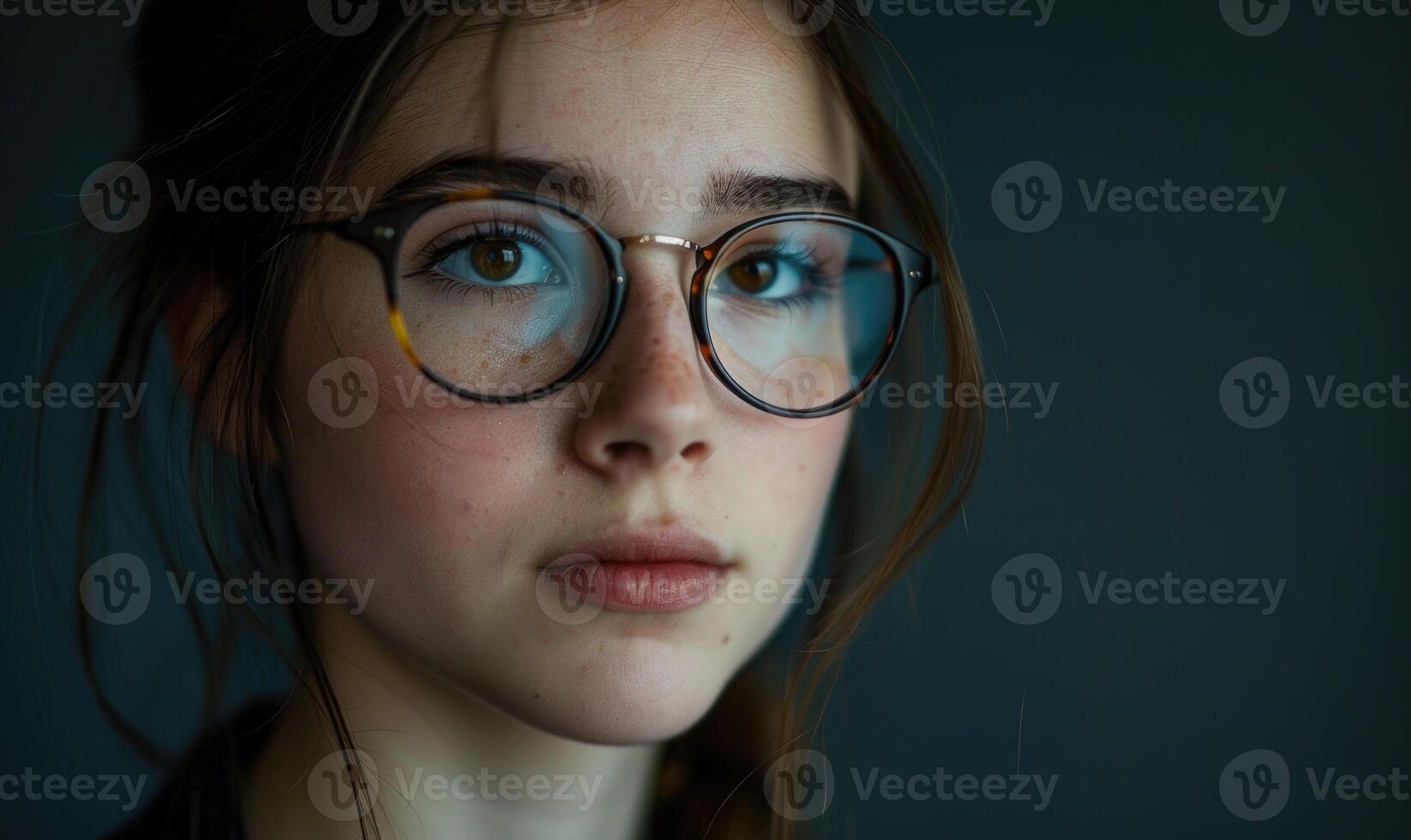 ai genererad stänga upp porträtt av skön ung kvinna med lång hår och glasögon. foto