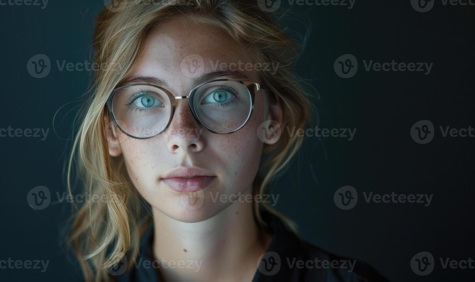 ai genererad porträtt av en skön ung kvinna med lång hår och glasögon. foto