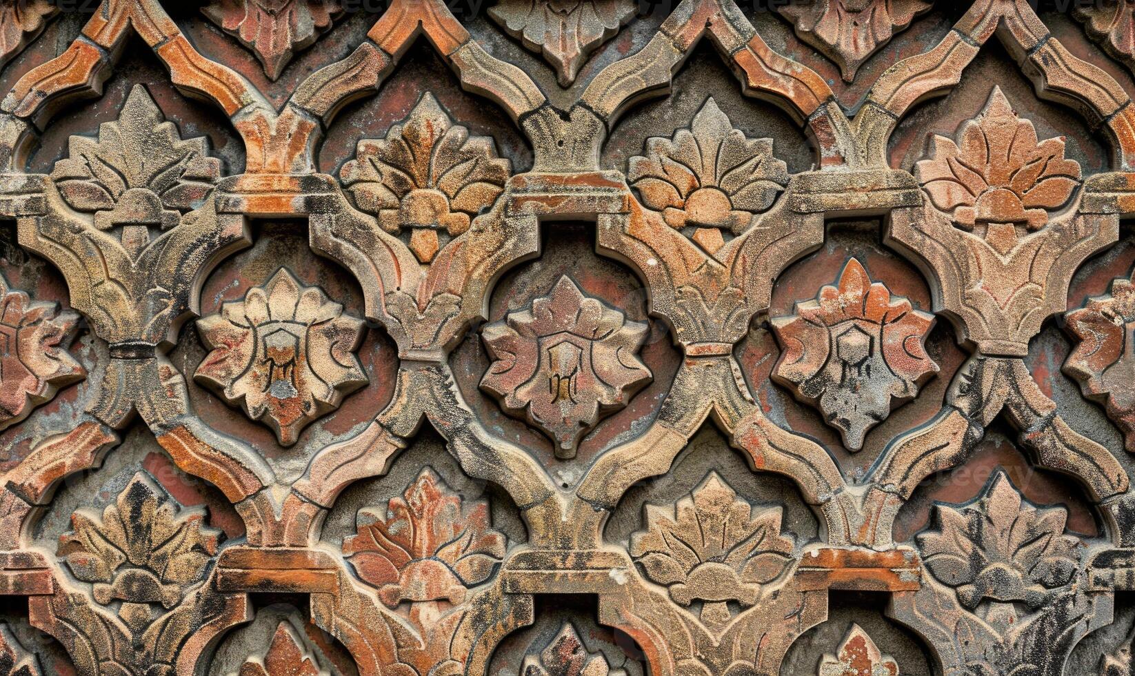 ai genererad fragment av de Fasad av ett gammal tegel byggnad med en dekorativ prydnad. foto