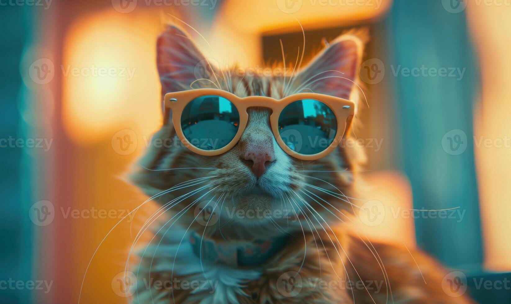 ai genererad porträtt av en katt i solglasögon på de bakgrund av de stad foto