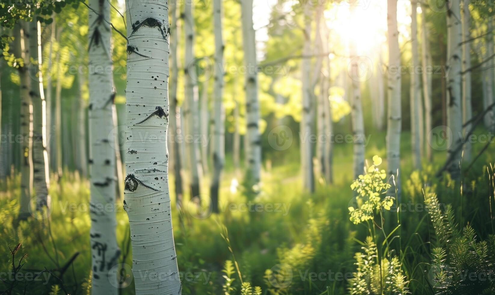 ai genererad björk skog i solljus i de morgon, mjuk fokus bakgrund foto