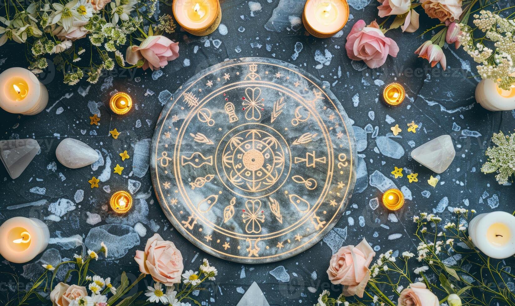 ai genererad astro symboler på en svart sten med ljus och blommor. foto