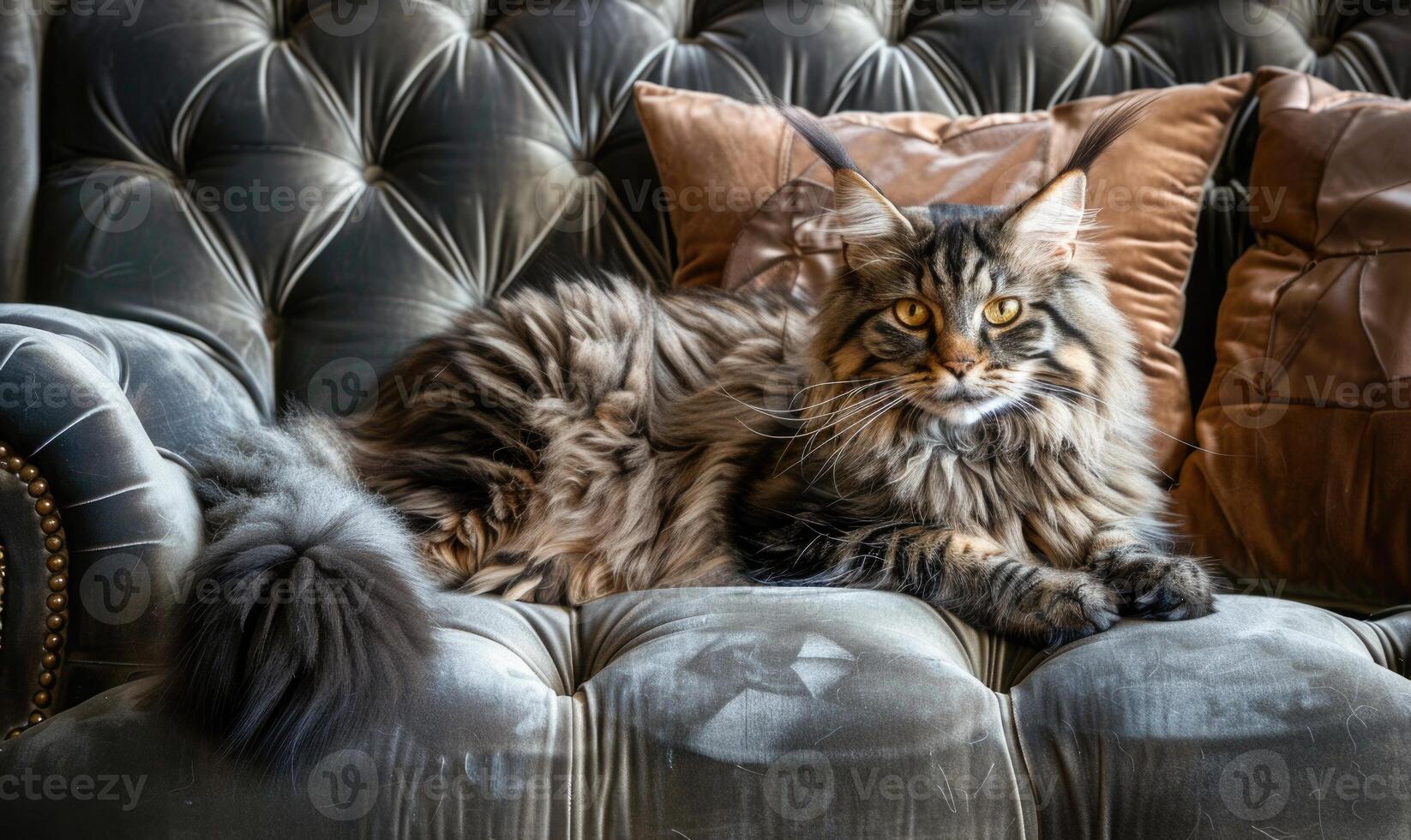 ai genererad majestätisk maine Coon katt slappa på en plysch sammet prydnadskudde foto