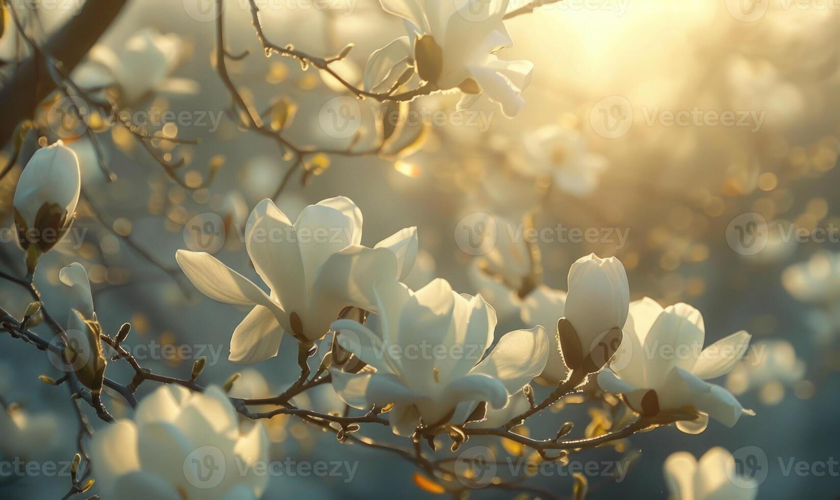 ai genererad magnolia blommar upplyst förbi mjuk solljus filtrering genom de träd foto