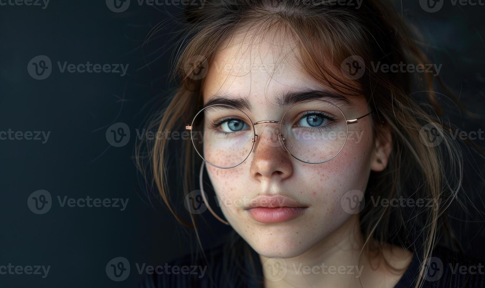 ai genererad stänga upp porträtt av skön ung kvinna med lång hår och glasögon. foto
