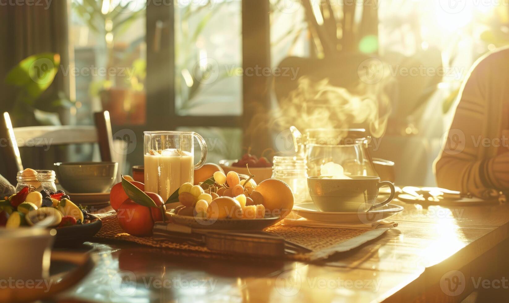 ai genererad frukost i de morgon- på Hem på en trä- tabell med frukt foto