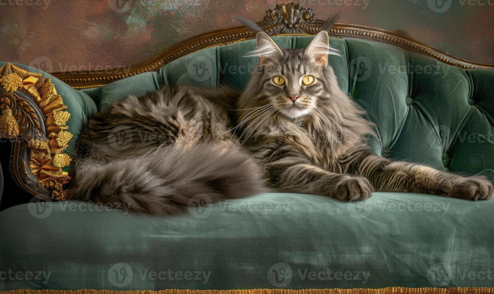 ai genererad majestätisk maine Coon katt slappa på en plysch sammet prydnadskudde foto