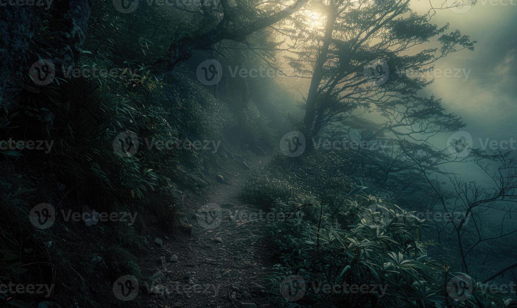 ai genererad mystisk mörk skog med mossiga träd och dimma i de bakgrund foto