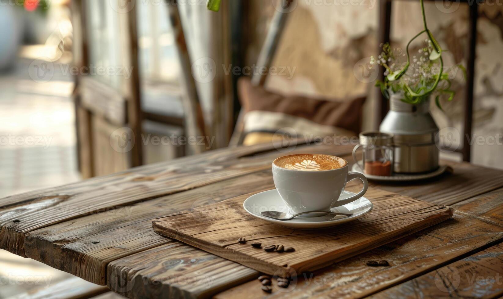 ai genererad kaffe kopp på trä- tabell i kaffe affär, stock Foto