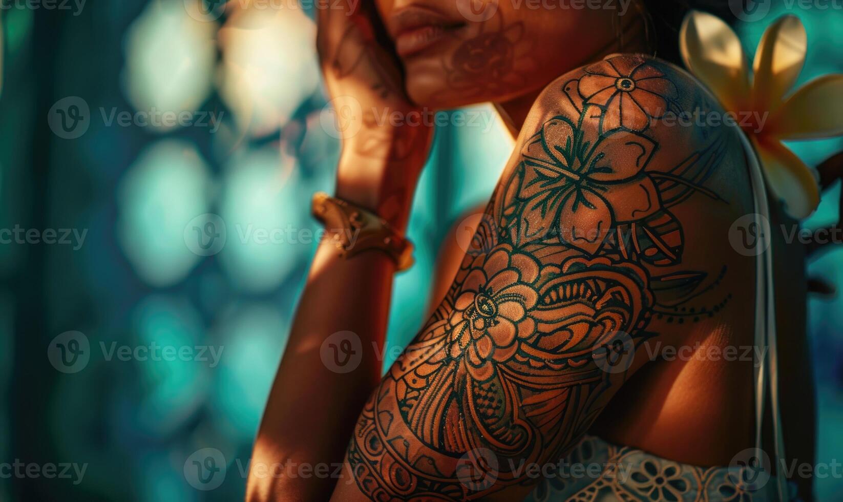 ai genererad närbild av en ung kvinna med henna tatuering på henne kropp foto