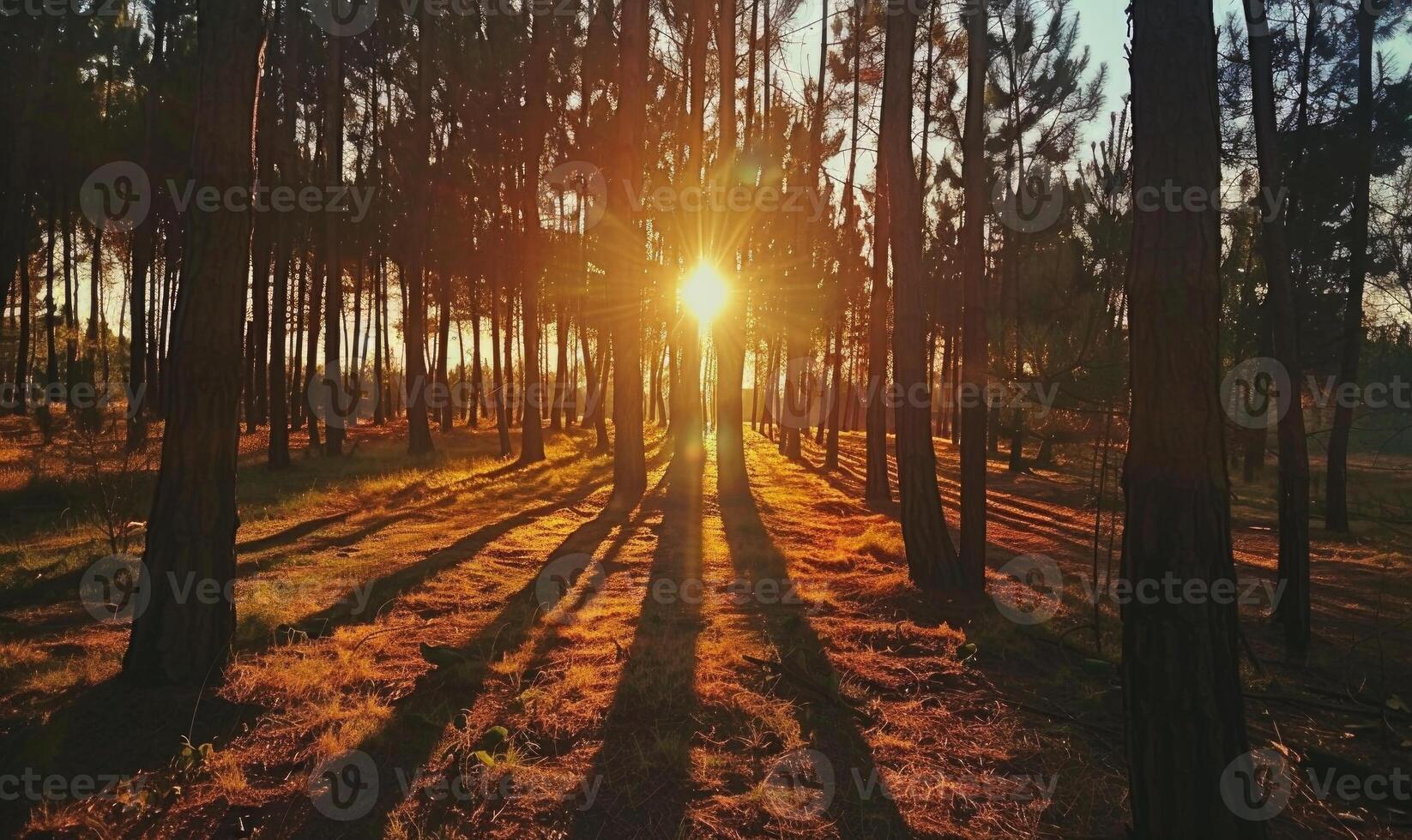 ai genererad solnedgång i de tall skog. skön natur scen med Sol strålar foto