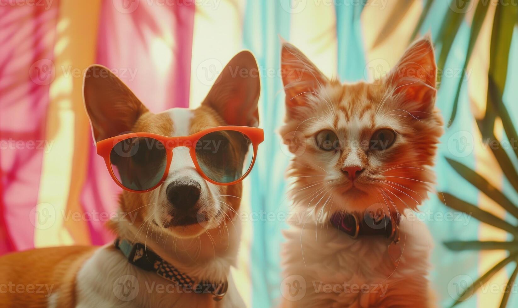 ai genererad söt katt och hund med solglasögon på de strand, årgång tona foto
