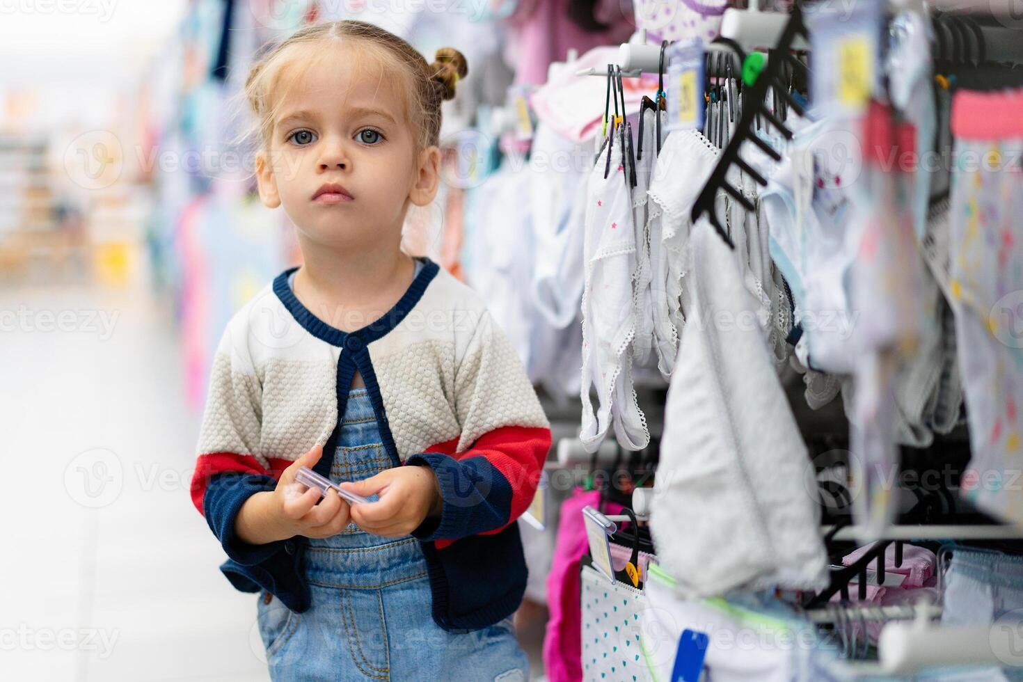 en liten caucasian flicka är stående nära en affär fönster med kläder och underkläder i en stor Lagra. liten köpare. foto