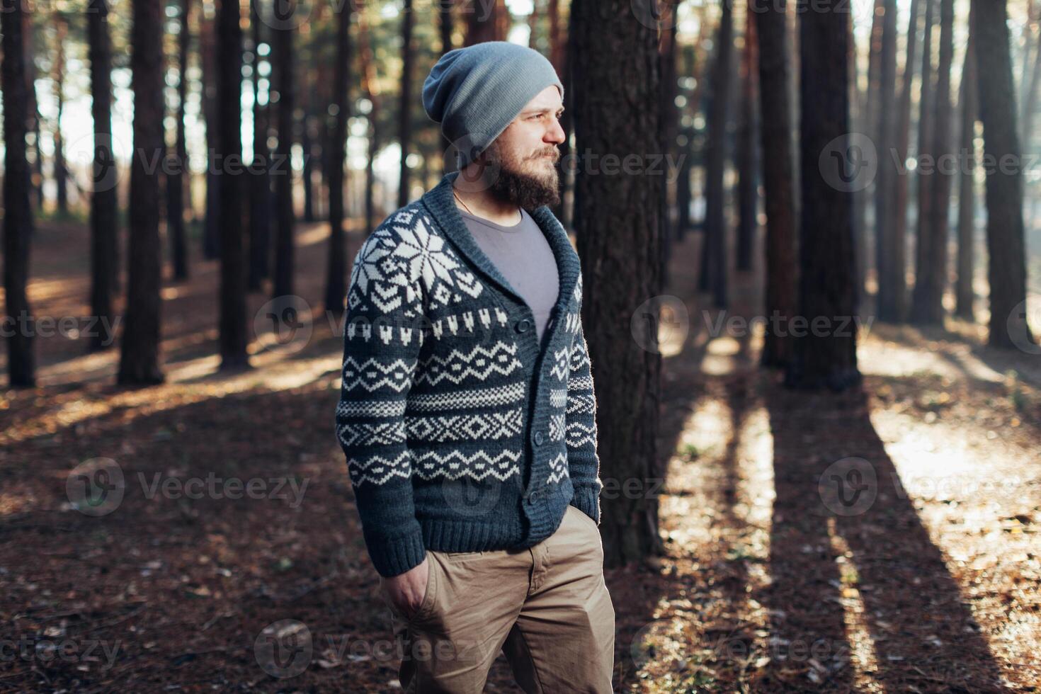 en ung man med en skägg promenader i en tall skog. porträtt av en Brutal skäggig man höst skog foto