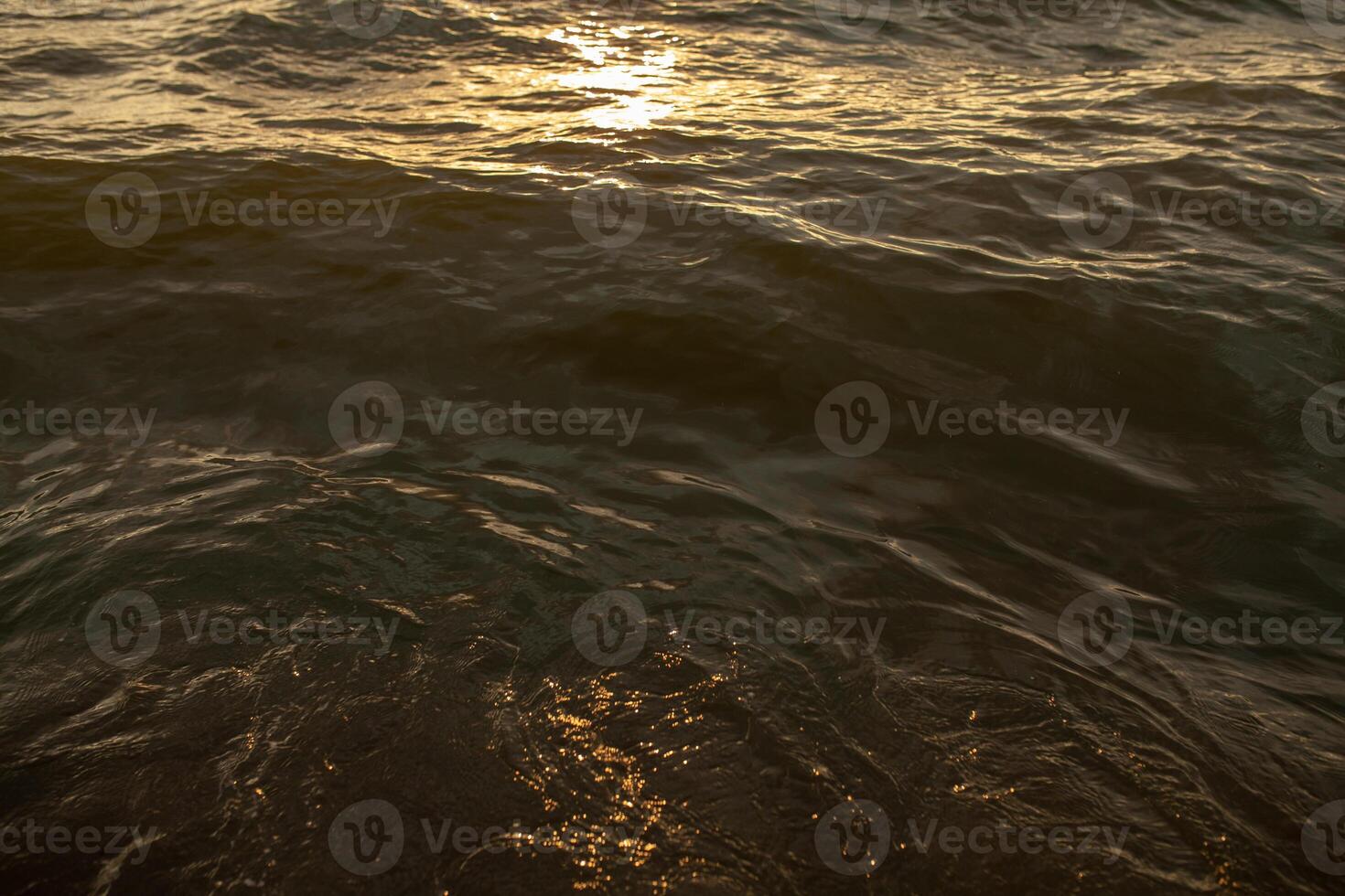 stänga upp strand Vinka på solnedgång. Sol reflekterande på lugn strand. mjuk fokus foto