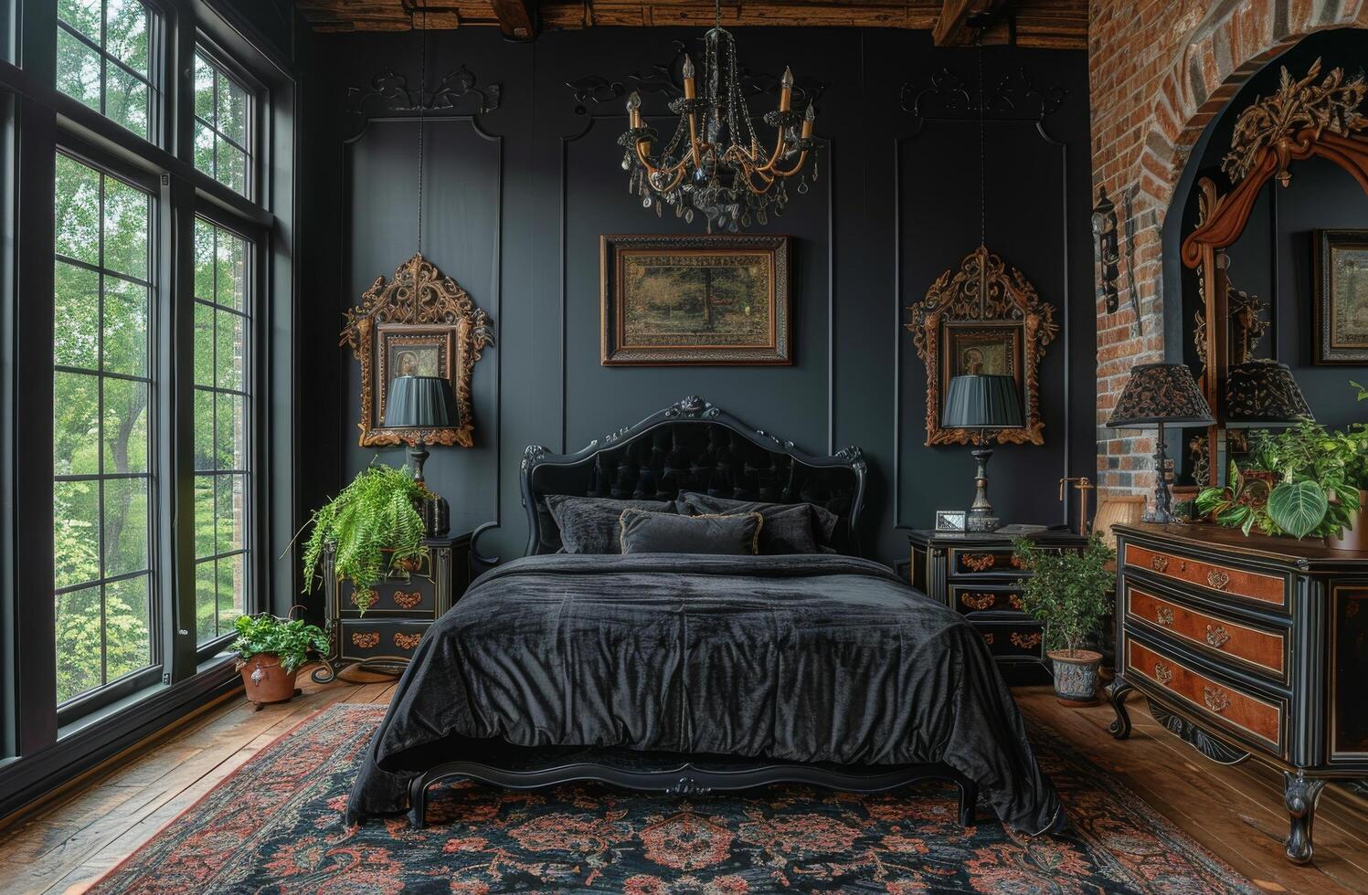 ai genererad rymlig sovrum med svart väggar och stor säng foto