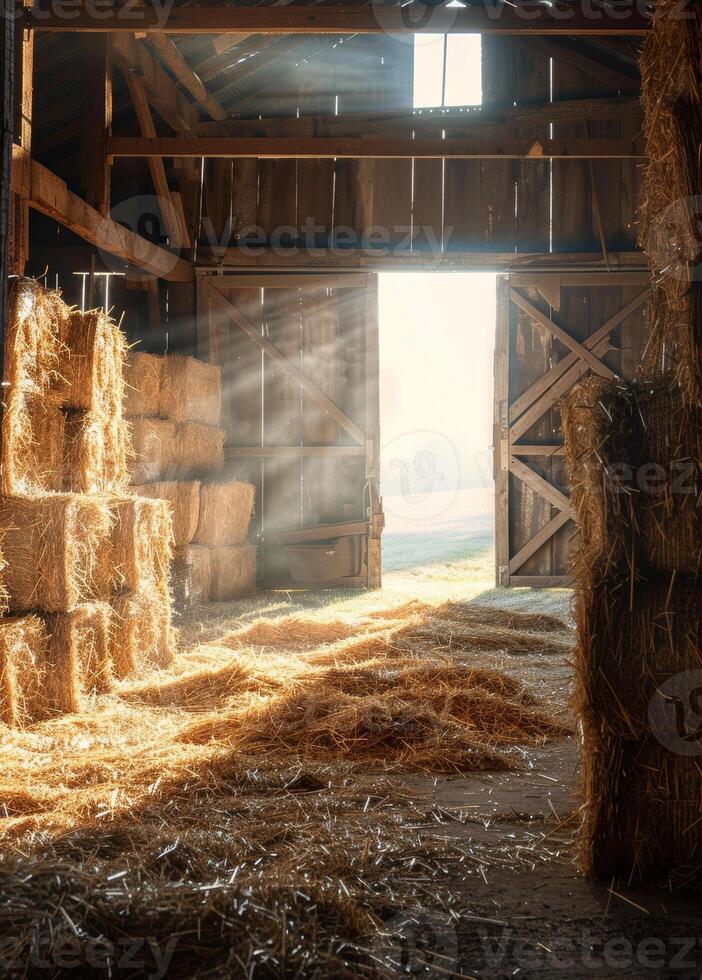 ai genererad hö balar i ladugård med solljus strömning i foto