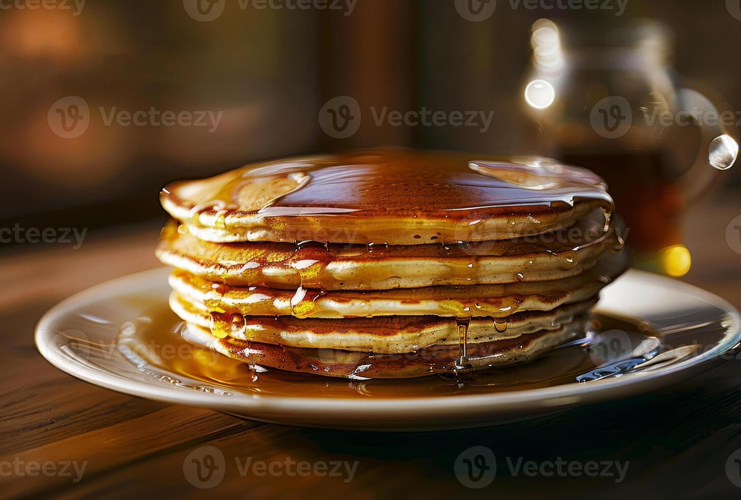 ai genererad stack av pannkakor med sirap. ett redaktionell skott av en pannkakor täckt i sirap på en tabell foto