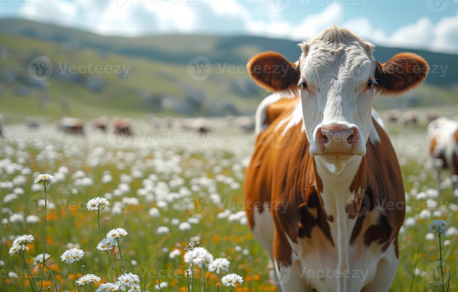 ai genererad kor på sommar bete. en grupp av brun och vit kor beta i de fält foto