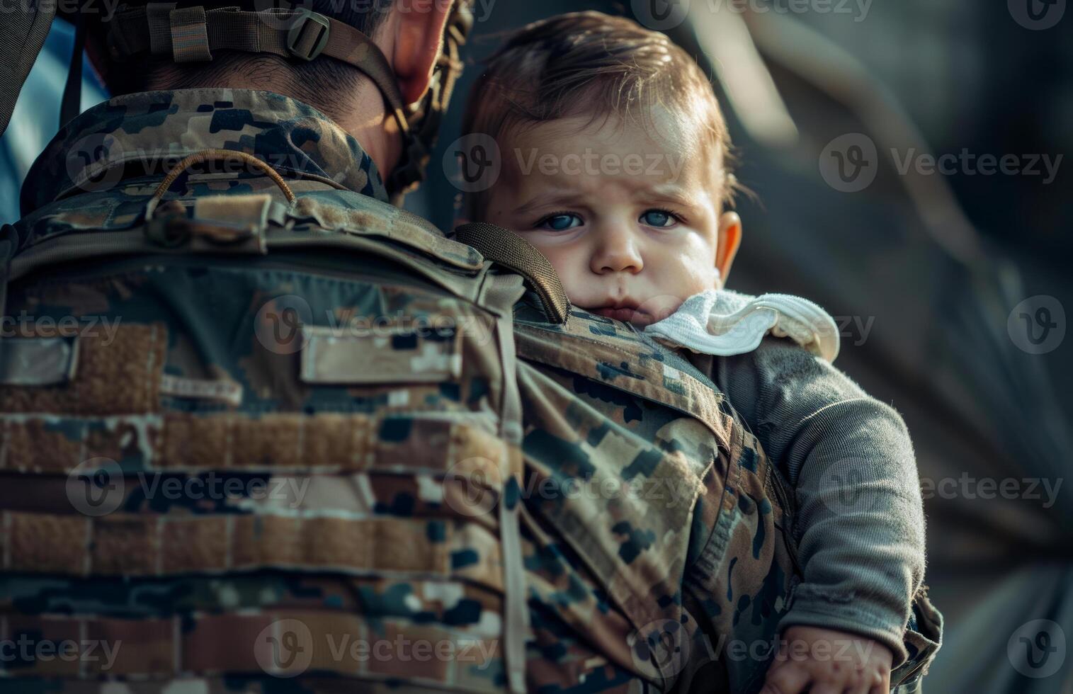 ai genererad soldat innehar hans barn. en soldat bärande en barnets blöja foto